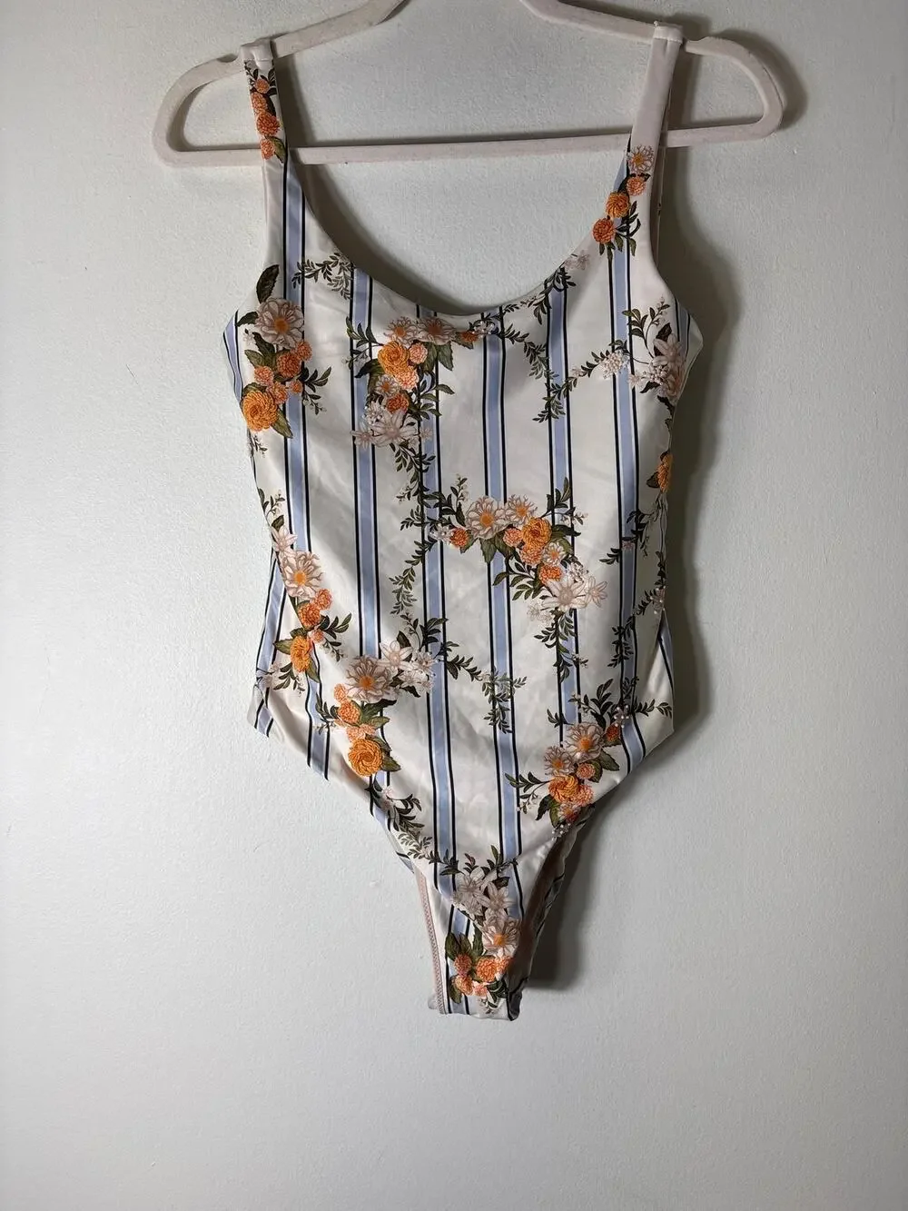 NWT Agua by Aguabendita Light Blue Stripe floral One Piece Swimsuit Sz M